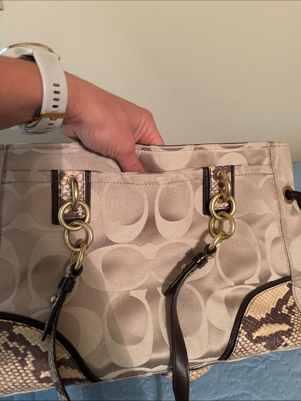 Coach Beige Signature Canvas Shoulder Tote with Dark Brown Trim